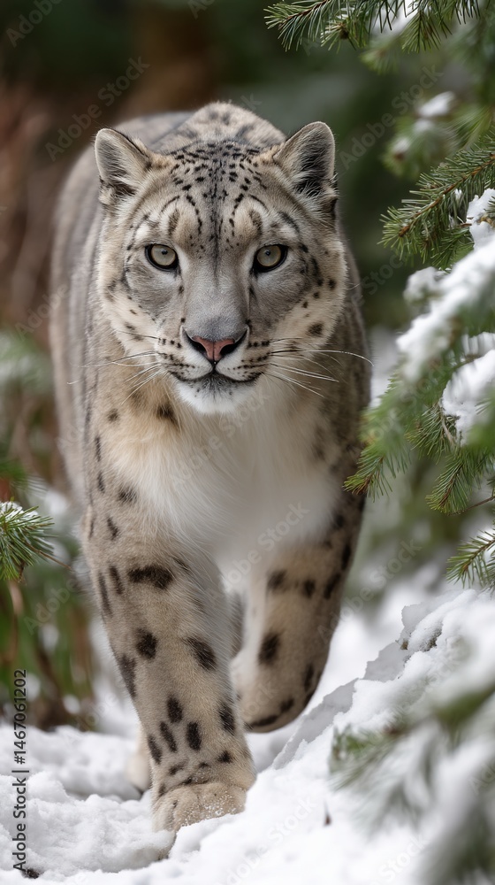 Naklejka premium Majestic snow leopard in snowy forest (1)