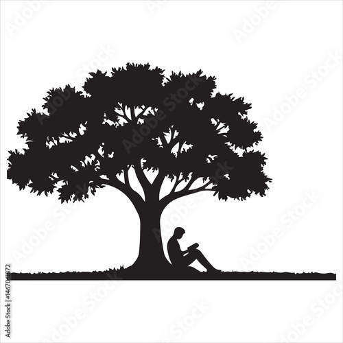 Boy Reading Book Under a Tree Silhouette Illustration
