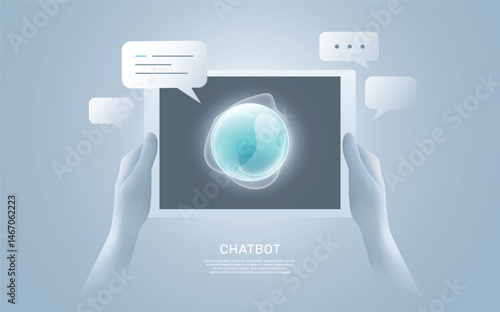 Chat bot abstract logo on tablet screen with speech bubbles. Close-up hand with phone.  Digital chatting, Personal assistant and voice recognition