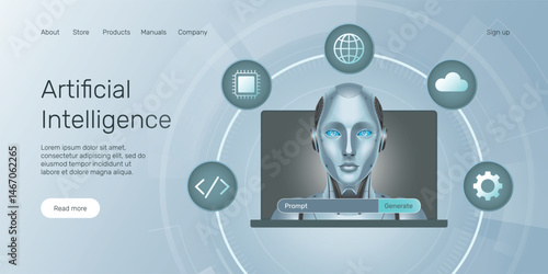 Web banner AI humanoid head front view on laptop with prompt generate button, AI robot, technology, machine learning, neural network, Artificial Intelligence (AI) landing page concept.