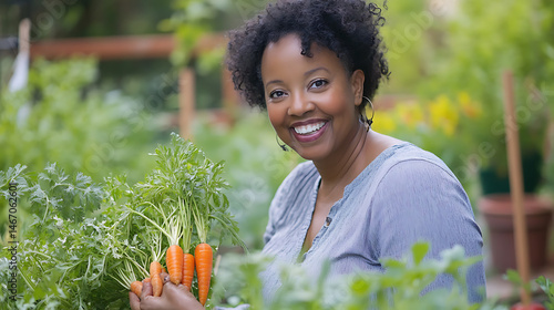 A woman is smiling while holding a bunch of carrots