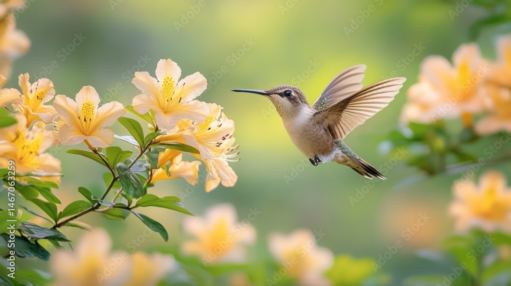 Fototapeta premium Hummingbird in flight, feeding on blossoms, garden setting, soft focus background