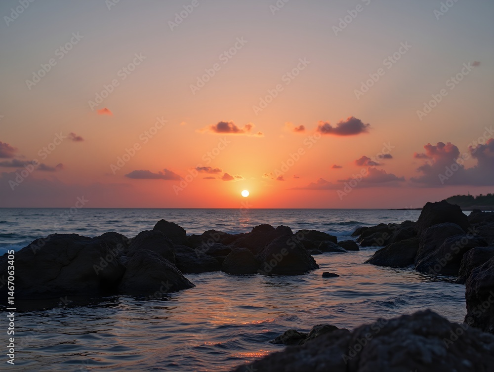 Obraz premium a sunset over a body of water with rocks and water