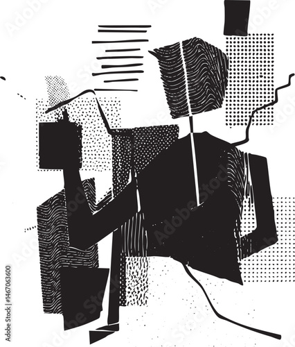 Abstract black and white geometric shapes interact dynamically on a textured background.