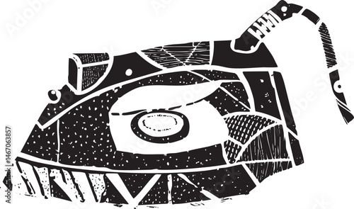 A stylized black and white depicts a watchful fish with intricate .
