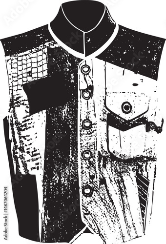 A black and white mannequin displays a textured waistcoat with contrasting panels.