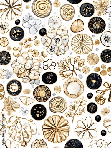Elegant gold and black floral and geometric pattern on white background