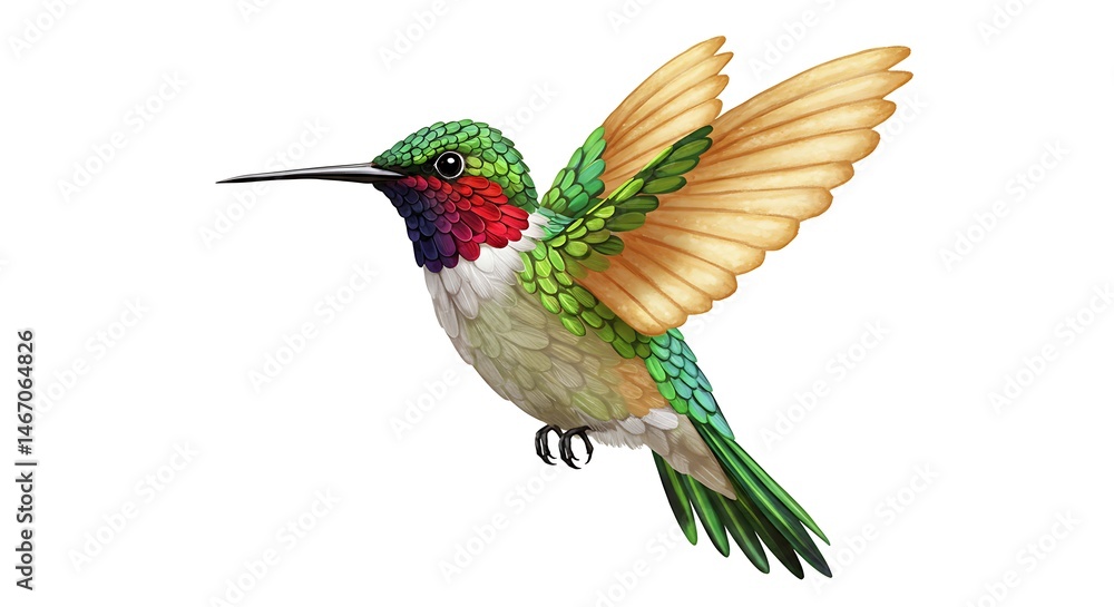 Fototapeta premium Hummingbird art illustration flying bird drawing colorful wings animal nature wildlife avian design graphic 100 on transparent background