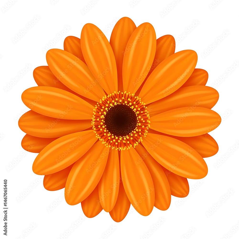 Vibrant orange gerbera daisy flower with dark center isolated on white background