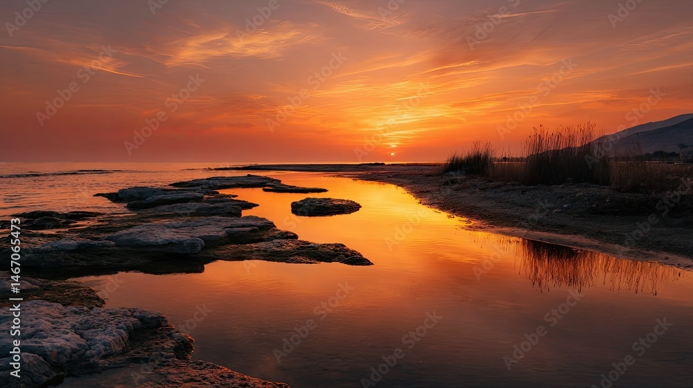 Fototapeta premium The sea turning golden orange as the sun sets, with the sky filled with warm, vibrant colors and the water reflecting the beautiful scene