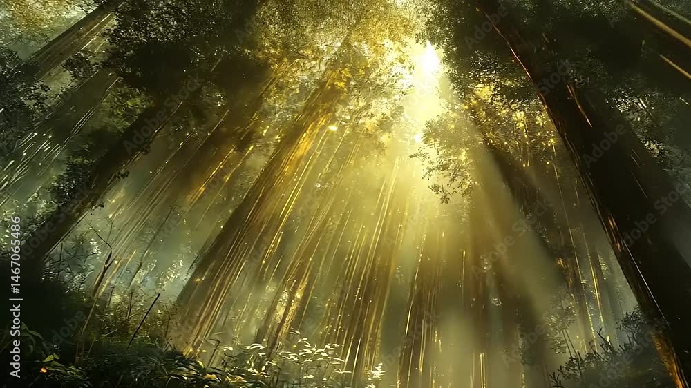 Golden Forest Canopy: Sunbeams Illuminate a Lush, Tranquil Woodland Scene Golden Forest Canopy: Sunbeams Illuminate a Lush, Tranquil Woodland Scene