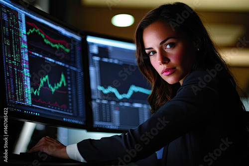 Businesswoman Analyzing Stock Market Charts at Moody Lighting