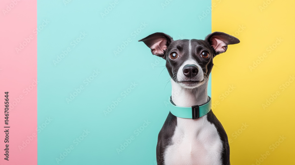 Sitting Greyhound in Minimalist Collar Studio Pet Photography Colorful Background Front View Elegant Simplicity Sitting Greyhound in Minimalist Collar Studio Pet Photography Colorful Background Front View Elegant Simplicity
