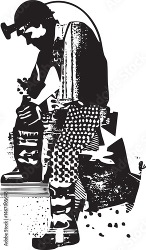 A solitary figure meticulously works on a complex mechanical device.