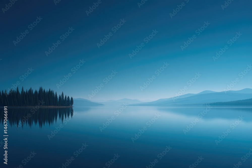 Fototapeta premium clear blue sky overlooks tranquil lake in national park with trees lining horizon in this minimalistic scene
