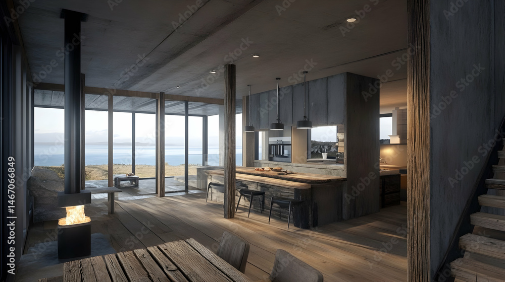 Modern ocean view home showcasing elegant architecture and sleek design interior Modern ocean view home showcasing elegant architecture and sleek design interior