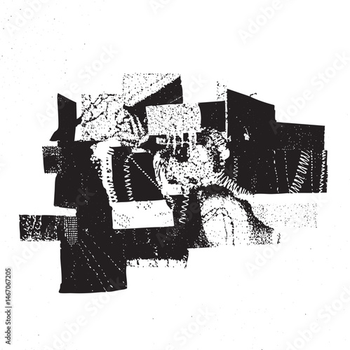 A fragmented human figure emerges from a collection of geometric shapes and lines.