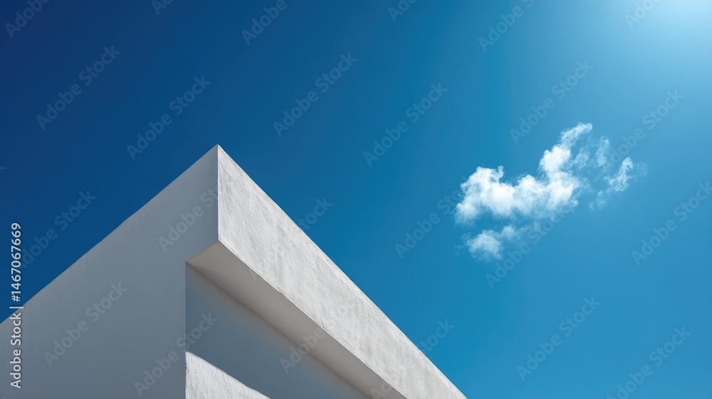White building edge with cast shadow on one side, crisp contrast with cloudless bright blue sky White building edge with cast shadow on one side, crisp contrast with cloudless bright blue sky