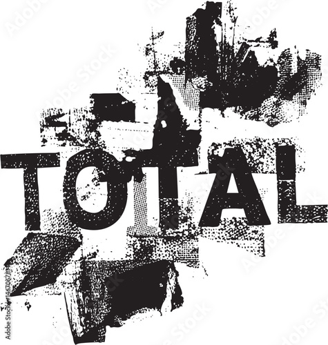 Large bold letters proclaim the word ‘TOTAL’ amidst a textured black and white abstract composition.