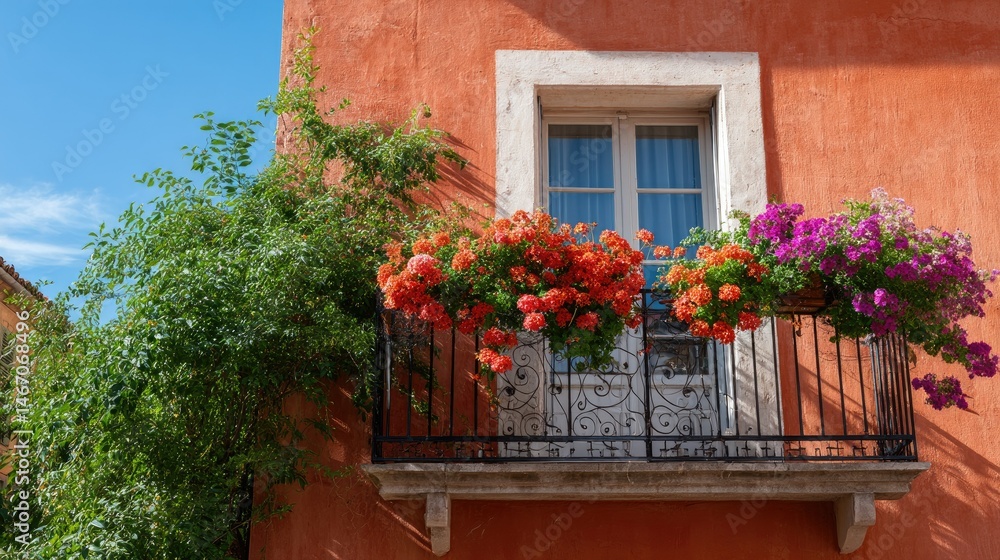 Fototapeta premium Window in a terracotta building above a flower-filled balcony with colorful blooms against a clear blue sky