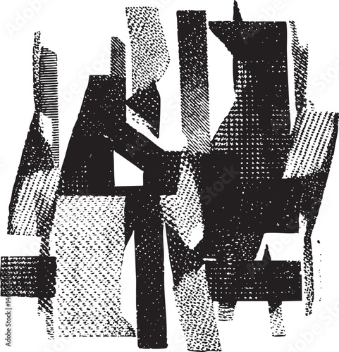 Abstract geometric shapes overlap and intersect to form a dynamic composition.