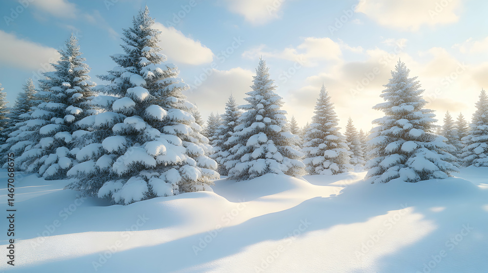 Sunlit snow-covered evergreen forest scene Sunlit snow-covered evergreen forest scene