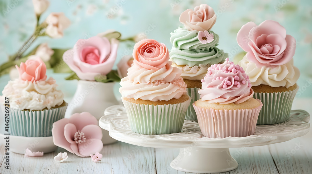 Pastel perfection: A charming display of floral cupcakes on a cake stand Pastel perfection: A charming display of floral cupcakes on a cake stand