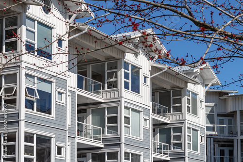 Residential Modern Buildings. Facade of Comfort Multifamily Low rise Flats or Apartment Building