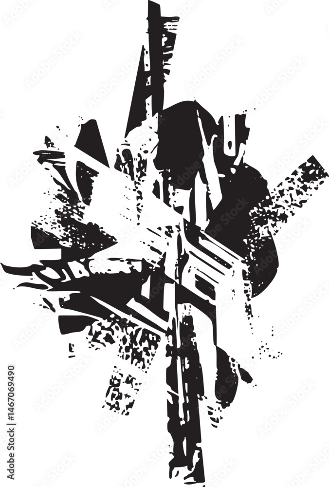 Fototapeta premium A fragmented textured silhouette of a building emerges from a chaotic black and white composition.