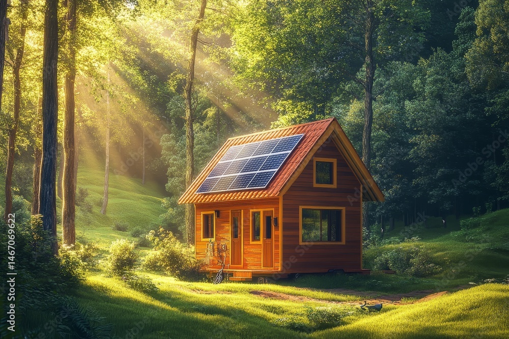 Fototapeta premium Rustic cabin nestled within a sunlit forest glade.