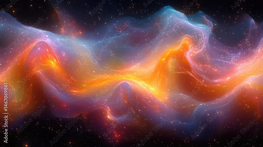 Obraz premium A mesmerizing cosmic abstraction with flowing waves of vibrant colors against a starry background, representing the vastness of the universe