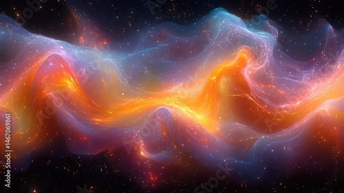 A mesmerizing cosmic abstraction with flowing waves of vibrant colors against a starry background, representing the vastness of the universe