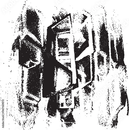 Abstract geometric shapes overlap and intertwine in a textured monochrome composition.