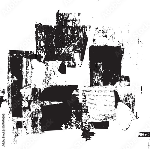 Fragmented black and white shapes create a dynamic abstract composition.