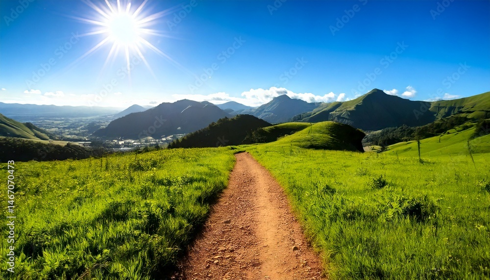 Fototapeta premium Camino de tierra en una exuberante colina verde que conduce a una vista de la montaña bajo un cielo brillante y soleado con espacio para copiar, orientación horizontal