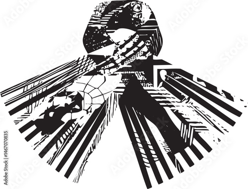A stylized hawk soars upwards through a dense array of sharp angular lines.