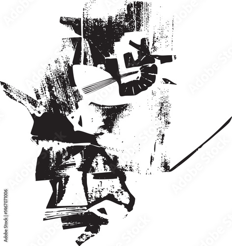A solitary figure plays a stringed instrument against a textured backdrop.