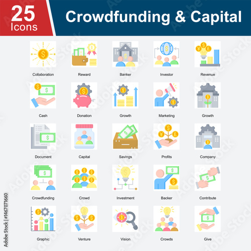 Crowdfunding & Capital is a collection of icons illustrating funding sources, financial contributions, investor support, and capital growth for startups and business ventures.