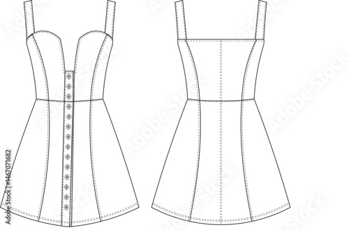 sleeveless strappy strapless shoulder straps sweetheart neck princess darted  buttoned a line short mini dress jean template technical drawing flat sketch cad mockup fashion woman design style model 
