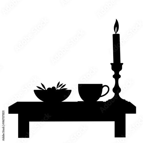 Silhouette of a nightstand with a candle and herbal tea, black and white, sleep and relaxation concept