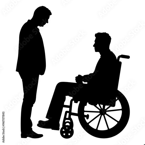 Silhouette of tutor assisting student in wheelchair on white background, support and inclusion concept