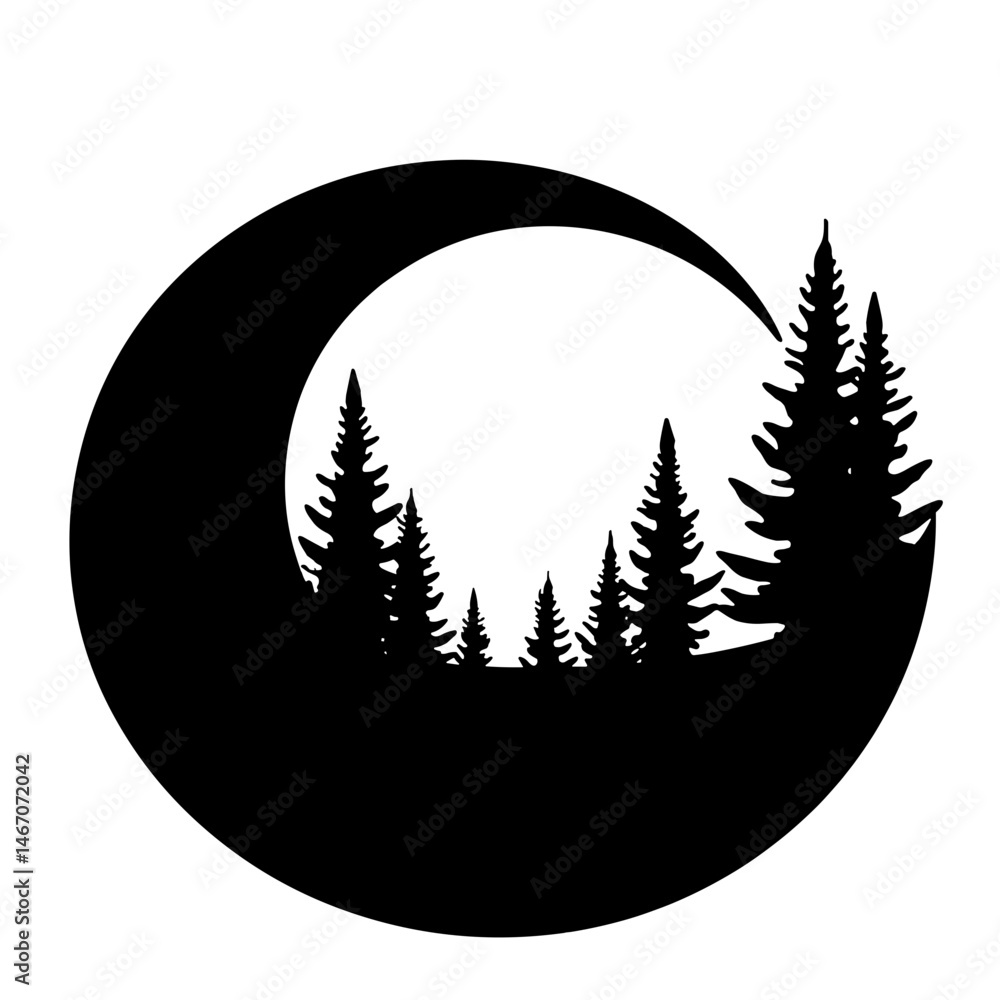 Abstract silhouette of pine trees in crescent moon shape  