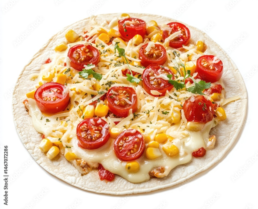 Corn, tomato, and cheese tortilla pizza. Toppings of cherry tomatoes, corn kernels, and melted cheese on a tortilla Corn, tomato, and cheese tortilla pizza. Toppings of cherry tomatoes, corn kernels, and melted cheese on a tortilla
