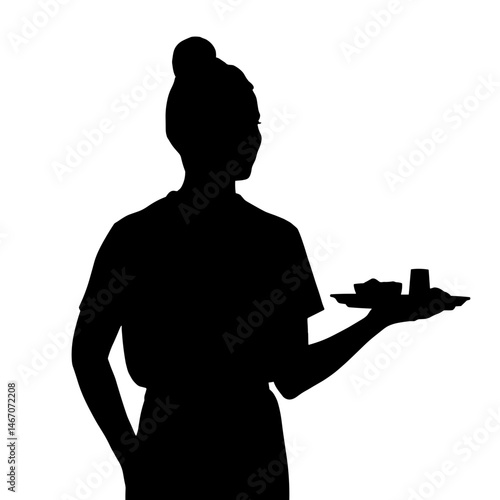 Silhouette of smiling person holding food tray on white background, service and hospitality concept