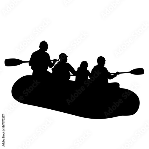 Silhouette of guided paddle group in inflatable raft, black and white, hydro sports and teamwork concept