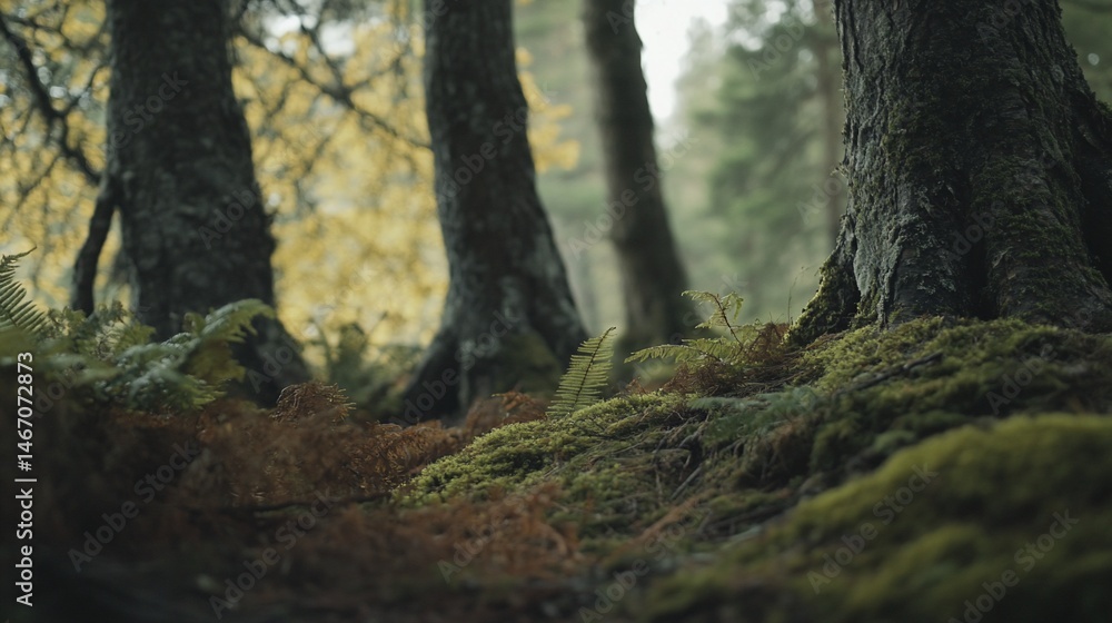 Naklejka premium Enchanted Forest Floor: Moss, Ferns, and Ancient Trees