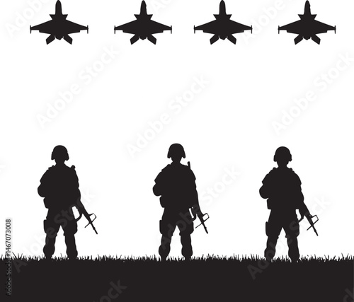 Soldiers Standing With Fighter Jets Overhead Silhouette Illustration