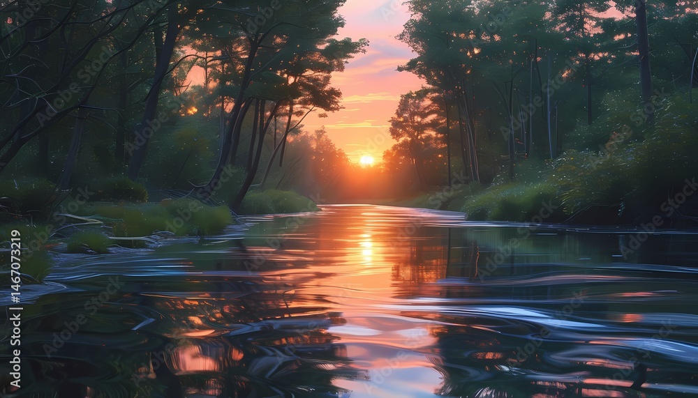 Fototapeta premium Serene sunset reflection tranquil river nature photography peaceful landscape scenic view water and light harmony