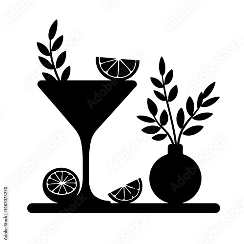 Silhouette of Zero-Waste Cocktail Kit with Citrus and Herbs, Black and White, Eco-Friendly Concept