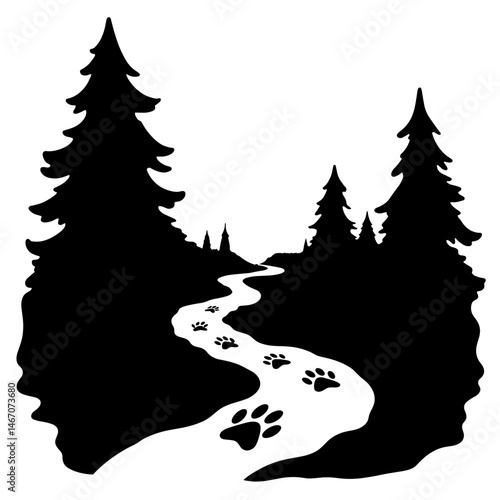 Silhouette of Pawprint Path Leading to Scenic Overlook, Black and White, Pet-Friendly Holidays Concept